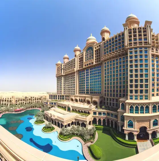 Exterior view of a luxury hotel with modern architecture, landscaped gardens